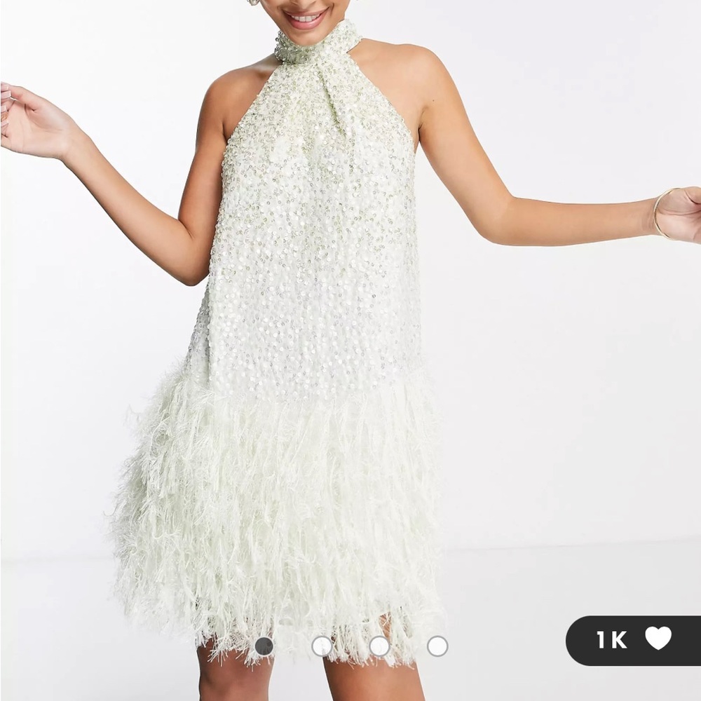 ASOS EDITION sequin halter mini dress with faux feather hem in sage green *NWT*